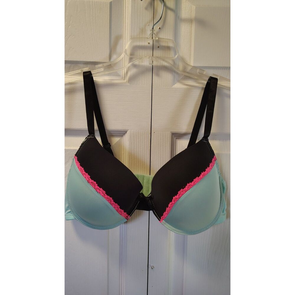 Just Be... Mint Green & Black Colorblock Bra with Hot Pink Lace Trim - Size 40D